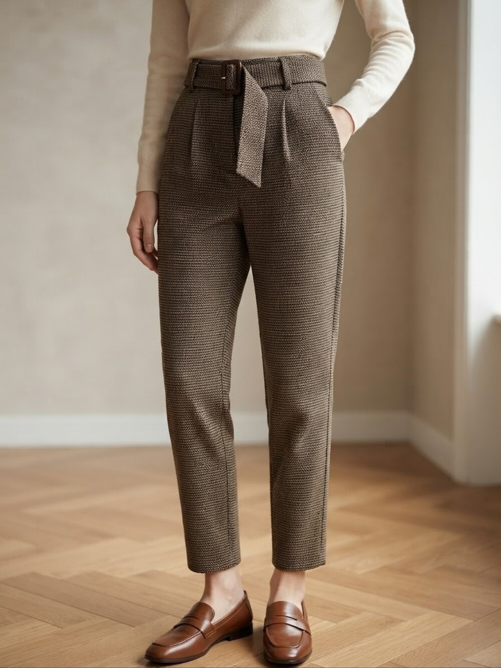 RW&CO Women's High Rise Brown Geometric Print Belted Tapered Pants – Size 0
